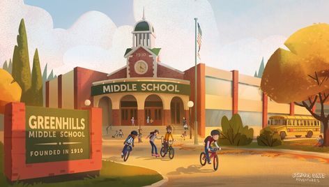 ArtStation - School Days Adventures, Andy Ivanov Animation Schools, Four Friends, Building Aesthetic, School Illustration, School Cartoon, Building Illustration, The Art Of Storytelling, School Playground, Stranger Things Tv