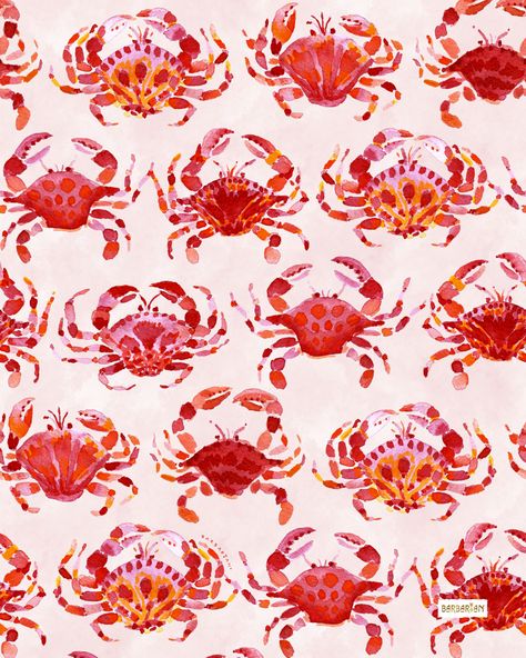 CRABATHON – BARBARIAN by Barbra Ignatiev | Bold colorful art Crab Aesthetic, Barbra Ignatiev, Fun Party Crafts, Pretty Posters, Pattern Board, Mermaid Life, Seashell Art, Jungle Print, Shell Art