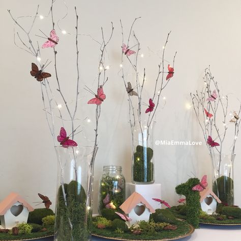 Enchanting Birthday Party Ideas, Dollar Tree Fairy Party, Fairy Table Decorations, Pastel Enchanted Forest Theme, Unicorn Enchanted Forest Party, Fairy Garden Table Centerpiece, Fairy Garden Party Centerpieces, Enchanted Garden Party Ideas, Fairly One Birthday