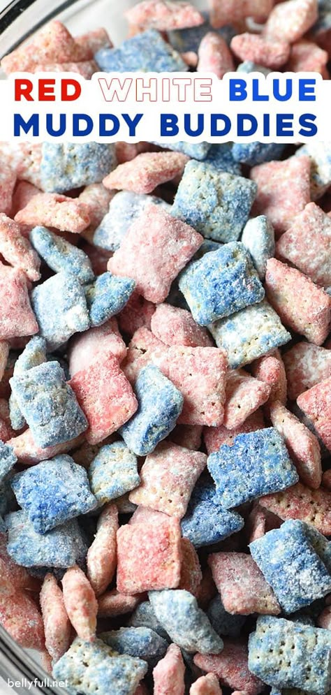 4th Of July Food Puppy Chow, Puppy Chow Chex Mix Recipe 4th Of July, Fourth Of July Puppy Chow, Red White And Blue Puppy Chow, 4th Of July Puppy Chow, 4th Of July Sweets, Blue Muddy Buddies, Forth Of July Food, Patriotic Puppy Chow