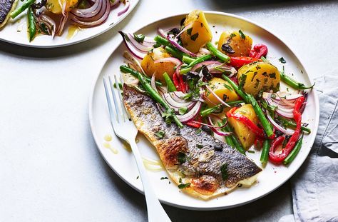 Grilled Sea Bass Fillets With Mediterranean Potato Salad Recipe | Sea Bass Recipes | Tesco Real Food Greek Sea Bass Recipes, Mediterranean Sea Bass Recipes, Baked Sea Bass Recipes, Seabass Fillet Recipe, Meditarian Diet, Sea Bass Fillet Recipes, Seabass Recipe, Grilled Sea Bass, Bass Recipes