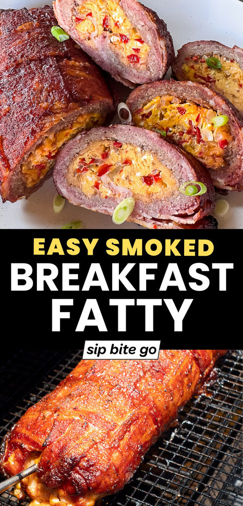 Traeger Smoked Breakfast Fatty Recipe Sunday Smoker Ideas, Smoked Brunch Ideas, Smoked Breakfast Fatty, Brunch Smoker Ideas, Breakfast Fatty Recipes, Smoked Breakfast Casserole, Breakfast Fatty Smoked, Breakfast Smoker Recipes, Gluten Free Smoker Recipes