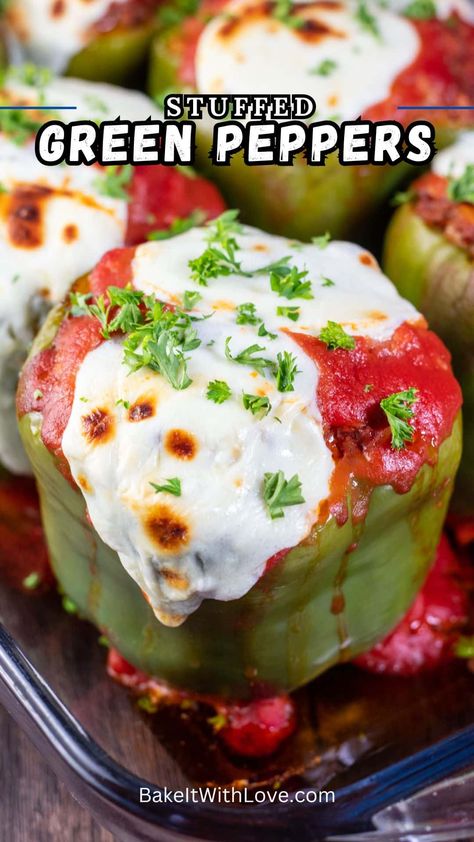 Savory, easy-to-make stuffed green peppers are filled with a seasoned tomato, ground beef, and rice mixture for a satisfying meal. The familiar flavor of tender green bell peppers pairs perfectly with a hearty filling, covered with tomato sauce, topped with cheese, and baked until golden. This classic dish is perfect for family dinners and can be prepped in advance for a quick weeknight meal too. Get the recipe at BakeItWithLove.com #greenbellpeppers #easydinners #dinner #familymeals #... Stuffed Green Bell Peppers, Stuffed Bell Peppers Ground Beef, Green Pepper Recipes, Stuffed Peppers Beef, Baked Peppers, Red Pepper Recipes, Ground Beef And Rice, Pepper Recipes, Canned Tomato Soup