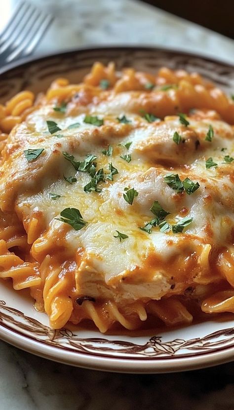 This One Pot Chicken Parmesan Pasta combines tender chicken, pasta, and a rich tomato sauce with melty Parmesan cheese in one easy dish. Perfect for a busy fall dinner, this recipe offers a satisfying, flavorful meal with minimal cleanup. Chicken Pasta Red Sauce, One Pot Chicken Parmesan Pasta, One Pot Chicken Parmesan, Chicken Parmesan Pasta Recipe, Red Pasta, Red Sauce Pasta, Chicken Parmesan Casserole, Chicken Parmesan Pasta, One Pot Chicken