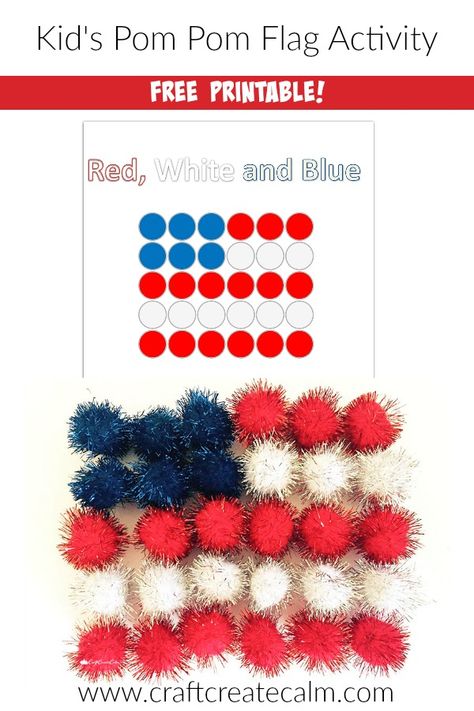 Red, White and Blue preschool craft. Such a cute pom pom flag activity for kids! Veterans Day Fine Motor Activities, Veterans Day Crafts For Kids Toddlers, Memorial Day Activities Preschool, Preschool Folder, September Events, July Activities, Veterans Day Activities, America Theme, Boys Camp