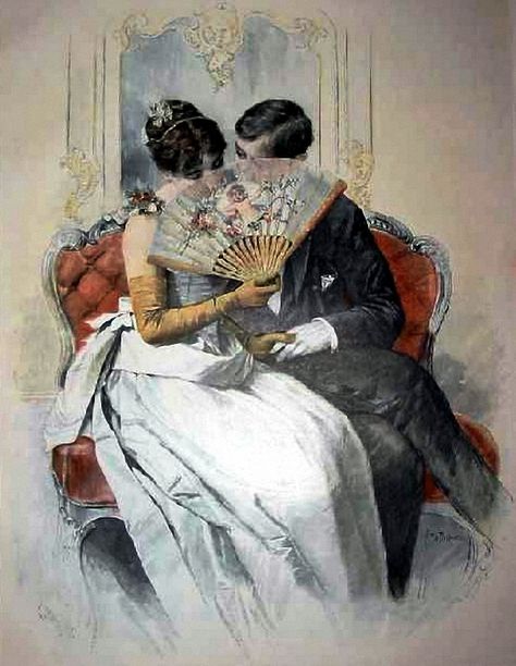 Behind The Fan, c.1900 Lady Windermere's Fan, Regency Ballroom, Victorian Gentleman, Victorian Illustration, Victorian Couple, Victorian Paintings, Couple Painting, Vintage Couples, Hand Fans