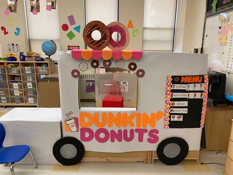 Cardboard Dramatic Play, Preschool Restaurant Theme, Donut Dramatic Play, Cardboard Pretend Play, Tools Of The Mind Restaurant Theme, Donut Shop Dramatic Play, Dunkin’ Donuts Trunk Or Treat, Dunkin Donuts Trunk Or Treat, Bakery Dramatic Play Preschool