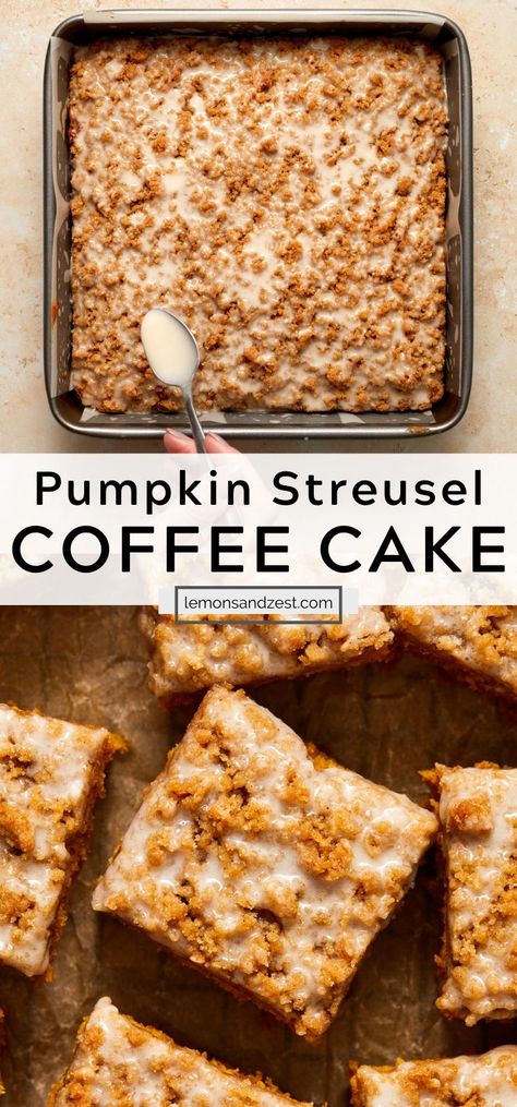 Give your favorite coffee cake a fall makeover with this simple and delicious Cinnamon Streusel Pumpkin Coffee Cake. Only about 15 minutes to prep and extra moist and fluffy thanks to the addition of pumpkin. Spiced with cinnamon and pumpkin spice and topped with buttery streusel and icing. The perfect addition to brunch and more! Fall Coffee Cake, Pumpkin Streusel Coffee Cake, Pumpkin Pecan Coffee Cake, Pecan Coffee Cake, Pumpkin Coffee Cake, Pumpkin Streusel, Recipes Pumpkin, Streusel Coffee Cake, Pumpkin Coffee Cakes