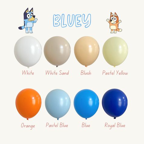 "\"Bluey balloon, Blue Balloons, Orange Balloons, Blue Dog Birthday\" Choose your own colors from this specially curated color palette to create a custom balloon piece! Select 1, 3, or ALL colors! We use professional grade balloons which are also 100% biodegradable and made from high quality latex. These balloons have a lower risk of popping during assembly and can last for over two weeks under the right conditions! So no more worrying about balloons deflating during your event! The 11\" and 17/18\" balloons may be filled with air or helium, but the 5\" balloons are intended only for air and will not float with helium. -10 balloons come in 1 pack of 5\" and 11\" Balloons -2 balloons come in 1 pack of 17/18\"  Balloons Tips: *A balloon pump is highly recommended *Under inflate the balloons Bluey Party Color Scheme, Bluey Party Balloons, Bluey Birthday Party Balloons, Bluey Balloon Bouquets, Bluey Birthday Balloons, Bluey Baby Shower Idea, Bluey Backdrop For Boy, Bluey Birthday Decor, Bluey Balloon Garland Ideas