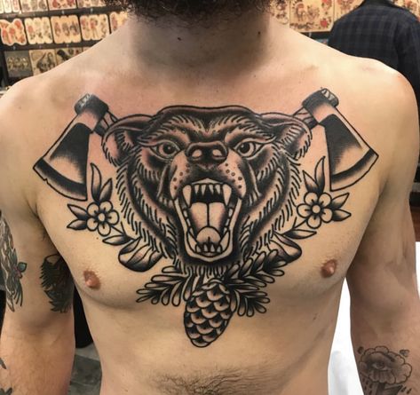 Traditional Wolf Chest Tattoo, Chicano Traditional Tattoo, Bear Chest Tattoo, Ryan Tattoo, Tattoo Gangster, Coverup Ideas, Traditional Chest Tattoo, Traditional Chest, Bear Tattoo Designs