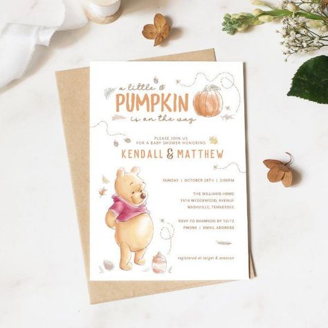 Winnie the Pooh Fall Harvest Pumpkin Baby Shower Invitation Winnie The Pooh Fall, Pumpkin 1st Birthdays, Winnie The Pooh Baby Shower, Autumn Invitations, Disney Baby Shower, Winnie The Pooh Birthday, Invitations Design, Pumpkin Birthday, Harvest Pumpkin