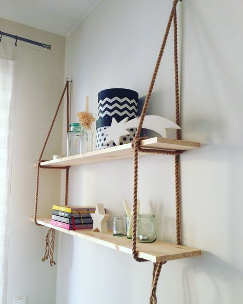 Hanging Rope Shelves, Diy Hanging Shelves, Over The Toilet, Diy Bathroom Storage, Diy Wall Shelves, Rope Shelves, Hanging Shelf, Estantes Flotantes, Diy Holder