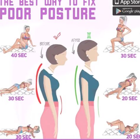 The best way to improve your posture is to focus on exercises that strengthen your core - the abdominal and low back muscles that connect to your spine and pelvis. Save it and share it with your friend and family. After all, sharing is caring! fitnessmotivation #fitnessgoals #fitness #gym #athomeworkouts #fitnesschallenge #sport #dietandnutrition #weightloss #fitnessandexercises #strengthtraining #flexibilityexercises #exerciseplan #aerobicexercises #fatburn #burnfat #healthylifestyle #fitonomy Bad Posture Exercises, 80s Aerobics, Rec Center, Latihan Dada, Bolesti Chrbta, Posture Exercises, Yoga Beginners, Fitness Outfits, Fitness Plan