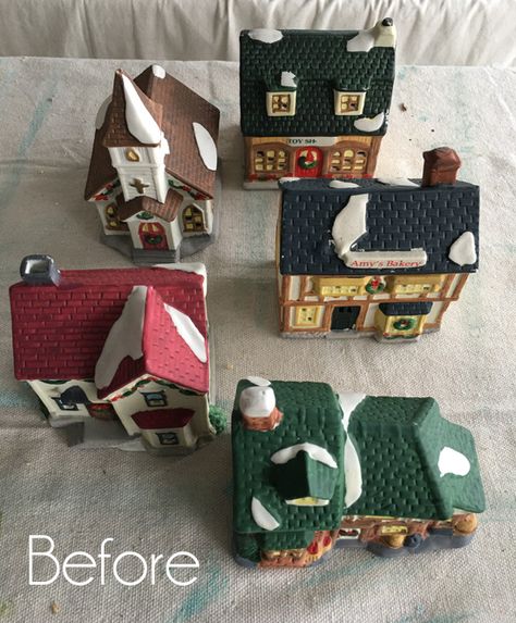 Painted Christmas Village, Mini Christmas Village, Christmas Village Collections, Dollar Tree Christmas Decor, Christmas Place Cards, Diy Christmas Village, Christmas Village Houses, Thrift Store Crafts, Christmas Village Display