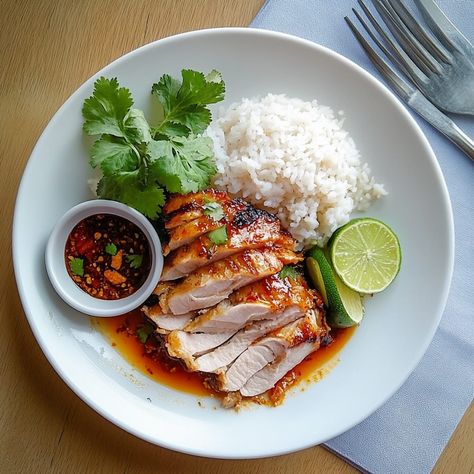 Khao Man Gai Recipe | Quick Thai Chicken and Rice - Thai-Foodie Ping Gai Chicken, Khao Man Gai Recipe, Thai Dinner Party, Thai Spicy Chicken, Thai Chicken And Rice, Thai Dinner Recipes, Khao Man Gai, Chili Dipping Sauce, Popular Thai Dishes