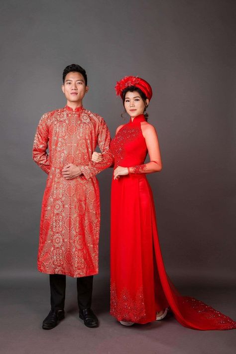 Red wedding ao dai X 2. Women's AND Men's ao dai - Mark&Vy Ao Dai Red Ao Dai, Wedding Ao Dai, Hand Beaded Lace, Vietnamese Traditional Dress, Vietnamese Dress, French Dress, Long Coat Women, Dress Stores Online, Silk Brocade