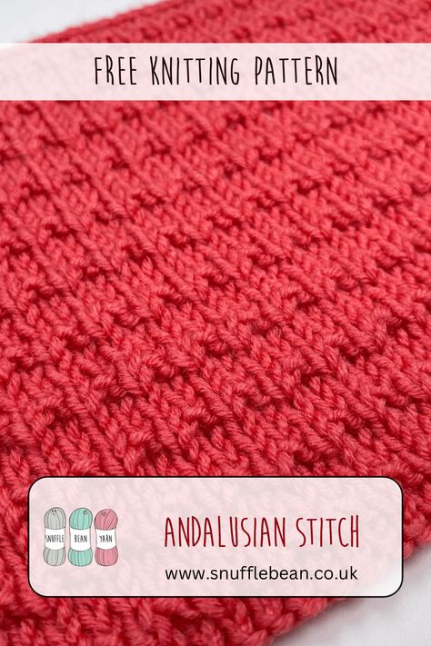 How to Knit Andalusian Stitch [Free Video Tutorial & Written Pattern!] - Snufflebean Yarn Knit Stitch Patterns Texture, Knit Stitch Patterns Free, Knit Purl Stitches, Knitting Hacks, Circular Knitting Machine, Beginner Knitting, Knitting Basics, Beginner Knitting Patterns, Easy Knitting Patterns