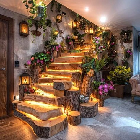 Unusual Decorating Ideas, Whimsical Staircase, Dream House Decor Ideas, Fairy Staircase, Cool House Interior, Palia Decor Ideas, Unique House Ideas, Witch Cottage Interior, Whimsy Aesthetic