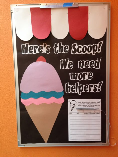 Volunteer recruitment idea: Ice cream incentive and "Here's the scoop" slogan Pto Bulletin Board, Pta Bulletin Boards, Pto Meeting, Pta Volunteer, Pta Board, Pto Board, Pta Moms, Volunteer Coordinator, Pta Ideas