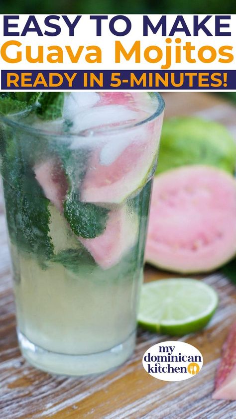 Sweet, refreshing Guava Mojito made with limes, guava nectar, rum and mint leaves. The perfect poolside Summer tropical cocktail to enjoy with friends. | @mydominicankitchen #guavamojitos #bestMojitos#guavarecipes #howtomakeMojitos #refreshingMojitos #cincodemayorecipes #cincodemayoparty How To Make Mojitos, Guava Mojito, Guava Nectar, Homemade Milkshake, Latino Food, Enjoy With Friends, Vodka Tonic, Mango Mojito, Wine Slushie