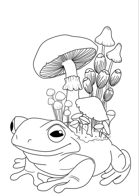 Mushroom Fairy Coloring Pages, Goblincore Coloring Pages, Frog Sitting On Mushroom Drawing, Frog And Mushroom Drawing, Frog Mushroom Drawing, Frog Colouring Pages, Cottage Core Coloring Pages, Mushroom Frog Tattoo, Coloring Pages Mushrooms