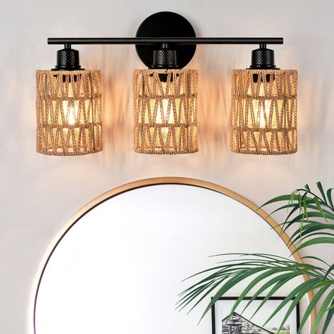 Breakwater Bay Alsfeld Dimmable Vanity Light | Wayfair Boho House Bathroom, Boho Light Fixture Bathroom, Rattan Bathroom Light, Boho Bathroom Lighting Over Mirror, Boho Vanity Bathroom, Boho Vanity Light, Rattan Bathroom Decor, Wicker Bathroom Decor, Boho Bathroom Black And White