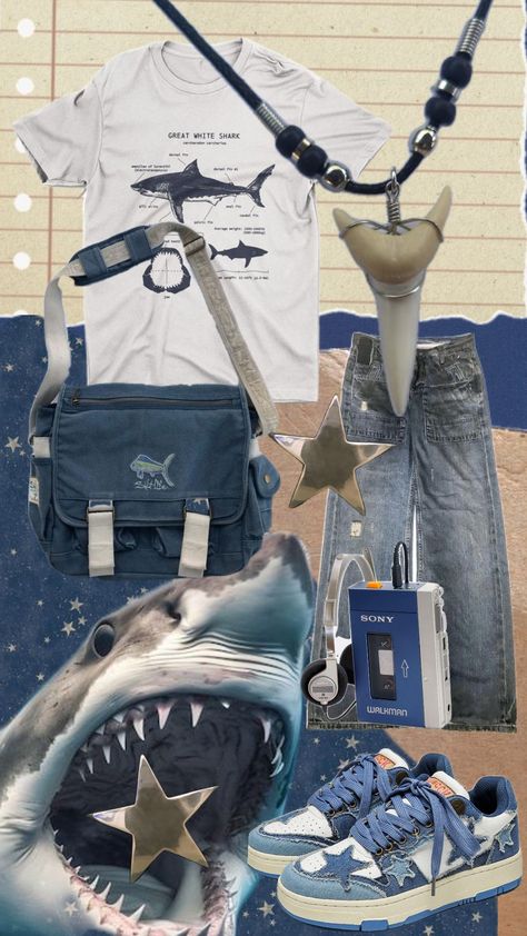 #shark #outfit #ideas #autistic #viral #fyp Shark Outfit Ideas, Ocean Clothing Aesthetic, Shark Themed Outfit, Shark Core Outfits, Shark Inspired Outfit, Fishcore Outfit, Whale Shark Outfit, Sharkcore Outfits, Cute Aquarium Outfit