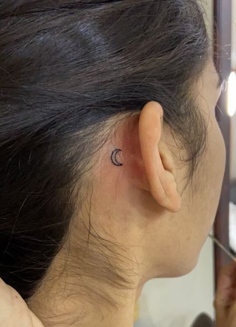 Behind The Ear Tattoo Ideas Moon, Small Moon Tattoo Behind Ear, Fine Line Behind Ear Tattoo, Behind Ear Tattoo Moon, Moon Tattoo Ear, Crescent Moon Tattoo Behind Ear, Ear Tattoo Moon, Beside Ear Tattoo, Moon Ear Tattoo