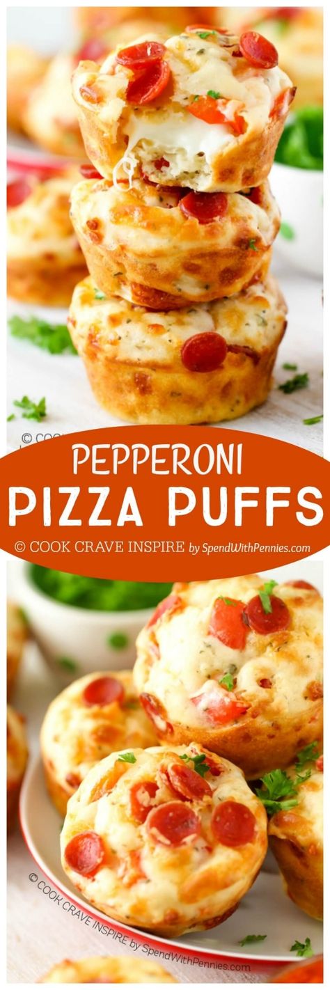 Easy Cheesy Pepperoni Pizza Puffs! The perfect snack or lunch box addition! Add your favorite toppings to make these your own! Pepperoni Pizza Puffs, Fingerfood Recipes, Pizza Puffs, Pepperoni Pizza Bites, Diy Easy Recipes, Spend With Pennies, Pizza Bites, Party Finger Foods, Crumpets