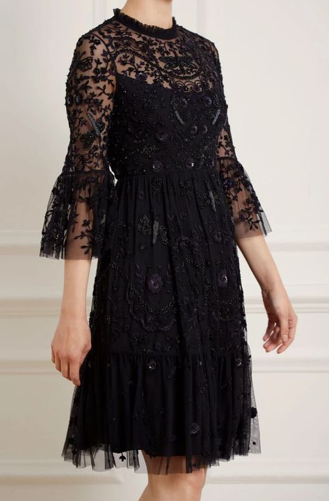 The Dragonfly Garden Midi Dress in Ballet Black~Image © Needle and thread ltd Needle And Thread Dress, Black Net Dress, Ballet Black, Needle And Thread Dresses, Dragonfly Garden, Long Sleeve Bridal Gown, Lil Black Dress, Wedding Party Outfits, Frock For Women