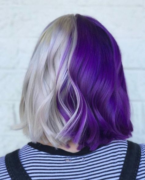 Half Blonde Half Purple Hair Split, Two Tone Split Hair Color Ideas, Science Barbie, Split Dyed Hair, Pulp Riot, Hair Streaks, Split Hair, Hair Color Pastel, Hair Color Purple