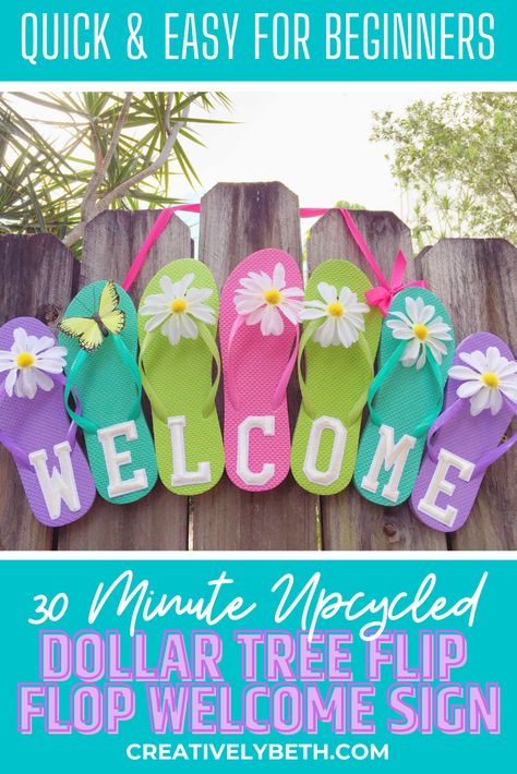 Dollar Tree Upcycled Flip Flop Welcome Sign Flip Flop Welcome Sign, Flip Flop Wreath Diy Dollar Tree, Salt Crafts, Flip Flop Art, Flip Flop Wreath, Flip Flop Craft, Flip Flop Sign, Everyday Crafts, Backyard Summer