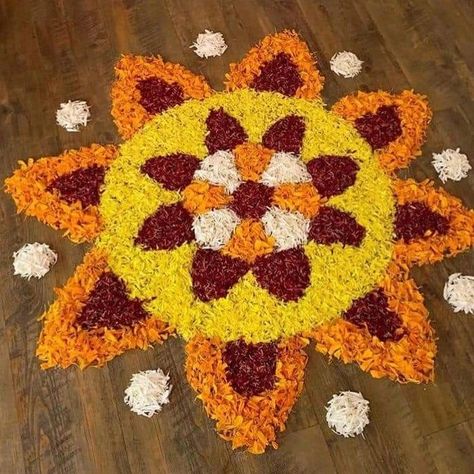 Flower Rangoli Designs 🔥👌 #diwalirangoli #Diwali2024 Pookalam Design Onam Simple Small House, Rangoli With Flowers Petals, Pookkalam Designs, Flower Rangoli Designs, Pookalam Design, Simple Flower Rangoli, Onam Outfits, Flower Petal Art, Easy Rangoli Designs Videos