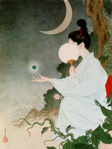 Takako Yamamoto Art #JapaneseArt #Japan Takato Yamamoto, The Moon, A Woman, Moon, White, Art