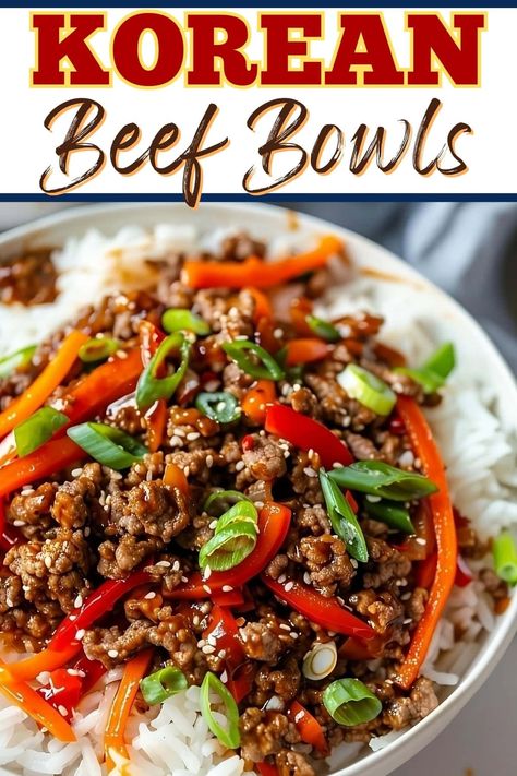 Skip takeout and try this easy Korean beef bowl. It's loaded with tender beef, crisp veggies, and a delightful sauce and comes together in 15 minutes. Korean Beef With Noodles, Asian Beef Rice Bowl, Beef Poke Bowl, Korean Bowl Recipe, Korean Beef Recipe, Easy Korean Beef, Italian Noodles, Beef Bowl Recipe, Delish Dinners