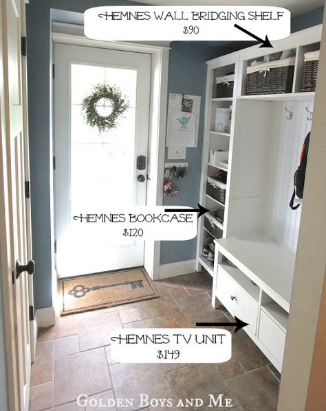 Entryway IKEA Hack. More genius from Golden Boys and Me Hemnes Bookcase, Vstupná Hala, Hack Ikea, Mud Room Entry, Hacks Ikea, Mudroom Entryway, Mudroom Laundry Room, Office Color, Mud Room Storage