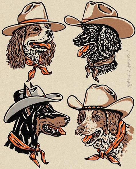 Sam Larson on Instagram: "4 MORE COWDOGS. Been working on a bunch of new cowdogs lately. Here is the first 4 from this year. More in the works. Swipe for close ups. Thanks for checking out my art! #illustration #brittany #poodle #spaniel #doberman" Western Dog Tattoo, Brittany Spaniel Drawing, Dog With Cowboy Hat Tattoo, Brittany Spaniel Tattoo, Cowboy Dog Tattoo, Western Sketches, Vintage Cowboy Art, Vintage Doberman, Poodle Illustration