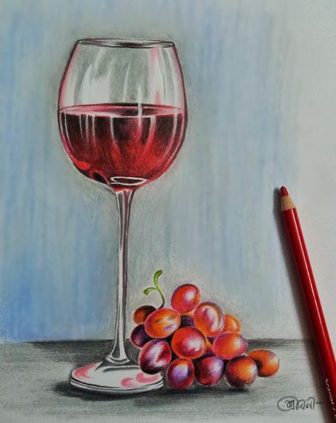 Wine Glass Oil Pastel, Pencil Color Still Life Drawing, Still Life With Pencil Colours, Object Drawing Colour Pencil Shading, Still Life Drawing With Pencil Colour, Art Ideas Drawing Color Pencil Easy, Colour Pencil Still Life Drawings, Still Life Drawing Colour Easy, Pencil Color Art Easy