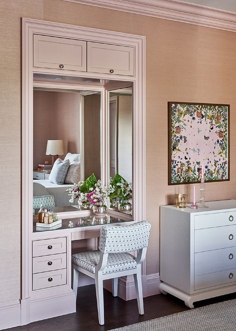 Nook with Pink Built In Makeup Vanity - Transitional - Bedroom Built In Makeup Vanity In Bedroom, Blue Vanity Chair, Built In Vanity In Bedroom, Pink Makeup Vanity, Grey Trellis Wallpaper, Built In Makeup Vanity, Vanity Nook, Wooden Makeup Vanity, Vanity In Bedroom