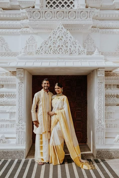 Tamil Engagement Saree, Telugu Groom Outfit, Tamil Wedding Guest Outfit, Tamil Engagement Look, Tamil Groom Outfit, Telugu Wedding Aesthetic, Kerala Groom Outfit Hindu, Engagement Saree Kerala, Kerala Couple Photography