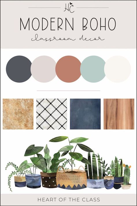 Modern Boho Classroom Decor color palette with tile, wood, and houseplants Boho Neutral Classroom Theme, Muted Colors Classroom, Classroom Theme Neutral, Rustic Boho Office Decor, Simple Boho Classroom Decor, Creating A Calm Classroom Environment, Boho Classroom Color Scheme, Boho Blue Classroom, Organic Classroom Decor