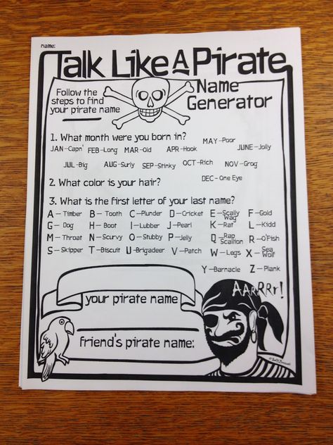 Talk Like A Pirate Day Activities, Pirate Name Generator, Pirate Activity, Pirate Name, Pirate Maths, Teach Like A Pirate, Abc Countdown, Pirate Ideas, Pirate Classroom