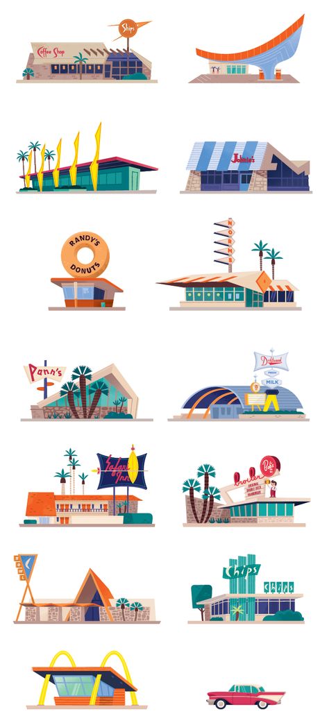 Googie Icons - Alexander Vidal Illustration Mid Century Advertising, Los Angeles Map Illustration, Googie Aesthetic, Midcentury Graphics, Robert Laduke, 1950s Architecture, Googie Design, Atomic Age Design, Palm Springs Mid Century Modern