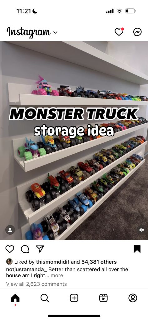 Monster Truck Organization Boy Rooms, Diy Monster Truck Storage, Monster Truck Playroom, Monster Truck Toy Storage, Monster Truck Play Area, Monster Truck Shelf, Monster Jam Truck Storage, Monster Truck Shelves, Monster Truck Storage