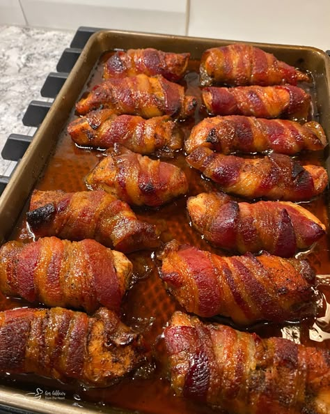 This easy Sweet & Spicy Bacon Chicken recipe will have your family begging for more -- slightly spicy, sweet chicken wrapped in bacon and baked or grilled up in about 30 minutes. Bacon Wrapped Chicken On The Grill, Grilled Chicken Wrapped In Bacon, Sweet And Spicy Bacon Wrapped Chicken, Chicken Wrapped In Bacon Appetizers, Keto Bacon Wrapped Chicken Tenders, Bacon Wrapped Chicken Wings, Bacon Wrapped Turkey Tenderloin, Chicken Wrapped In Bacon Recipe, Bacon Wrapped Chicken Tenderloins