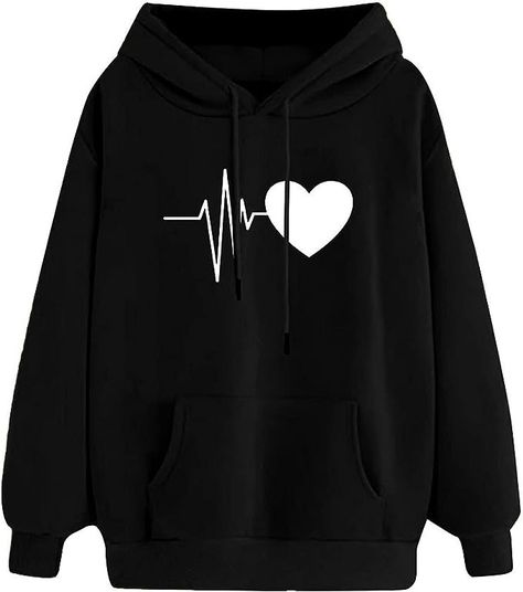 Loose Fit Hoodies For Women 2023 Fall Fashion Sweatshirt Tops Casual Long Sleeve Hooded Blouse Heart Print Pullover Womens Sweatshirts Hoods, Women Hoodies Sweatshirts, Short En Jean, Drawstring Hoodie, Look Plus, Print Pullover, Hooded Pullover, Casual Pullover, Casual Hoodie