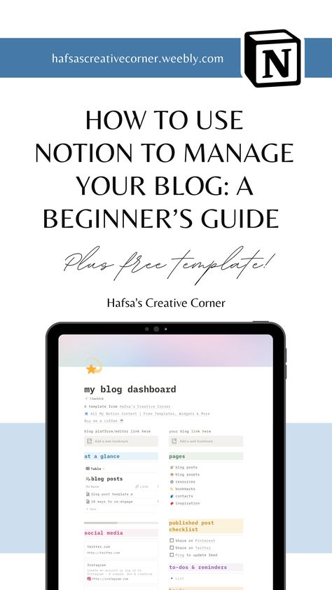 In this guide, I'll teach you how to create a Notion page to help you manage your blog. Check out this Free Notion Template for Bloggers that I made. Notion Blog, Notion Template For Work, Using Notion, Simple Weekly Planner, Content Calendar Template, Life Planner Organization, Free Daily Planner, Create A Blog, Small Business Planner