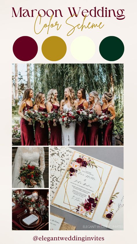 Classic Wedding Color Scheme Maroon Gold Ivory Dark Green Bridemaids Dress Bouquet Centerpieces Invitation Burgundy Hunter Green Wedding, Burgundy Cream And Green Wedding, Wedding Color Palette Green Gold, Maroon Wedding Palette, Emerald And Maroon Wedding, Dark Green And Maroon Wedding, Gold And Maroon Wedding, Wedding Couple Dress, Maroon Wedding Theme