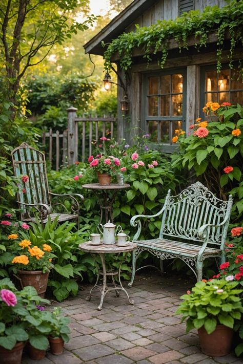 20 Creative Garden Decor Ideas - Toolz Geek Antique Potting Bench, Cozy Garden Nook, Front Yard Bistro Area, Vintage Garden Furniture, English Garden Patio Ideas, Fun Landscaping Ideas, Magical Garden Ideas Backyards, Garden Chairs Ideas, Old Garden Aesthetic