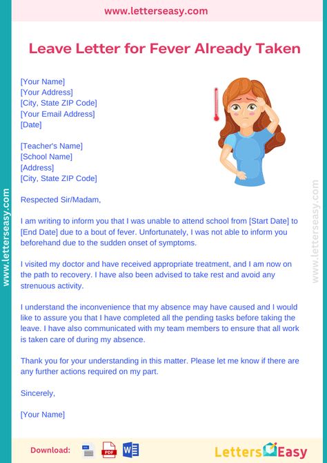 Leave Letter for Fever Already Taken: A leave letter for fever already taken is a formal document that a student writes to inform their teacher that they were Absent Letter, Absent From School, Formal Letter Writing, Letter To Students, Absent Students, Leaving School, Application Letters, School Field Trip, Letter To Teacher